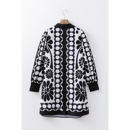 Black Polka Dot Floral Printed V Neck Long Sleeve Shift Mini Dress