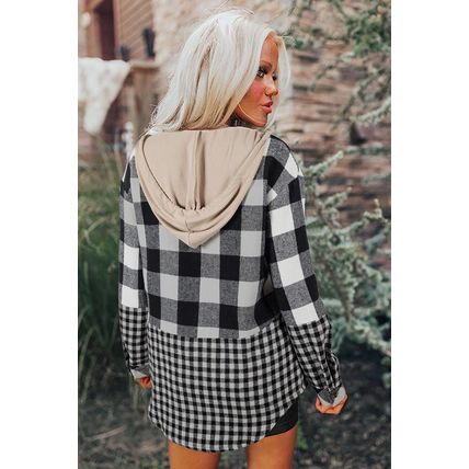 Black Double Plaid Patchwork Drawstring Hooded Shacket