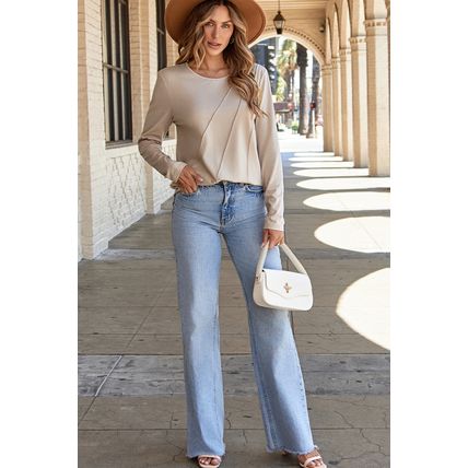 Parchment Asymmetric Seam Detail Solid Color Long Sleeve Top