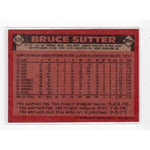 1986 Topps Bruce Sutter baseball card #620 -HOF- Braves