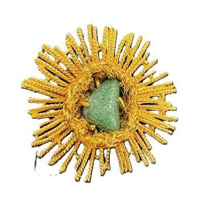 Vintage Brooch Starburst Gold & Aventurine Stone Modernist Birth of a Star Pin