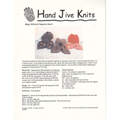 Hand Jive Knits: Magic Mitered Squares Ascot~2003~Used Knitting Leaflet