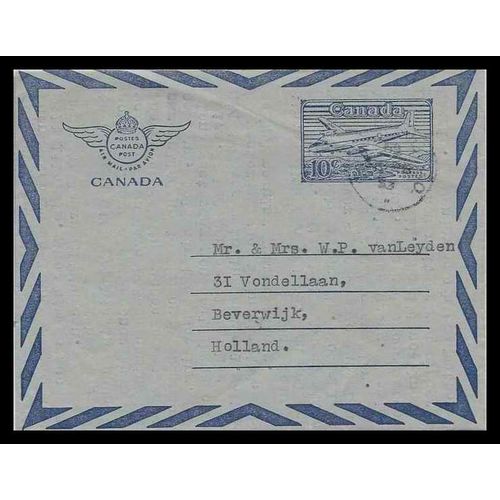 Canada #A13 Aerogram, NB to Holland 1953
