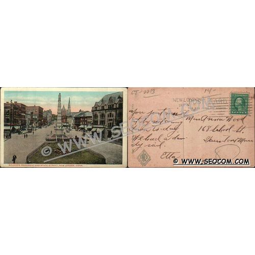 CT New London Postcard Soldier's Monument & State Street Street Scene Divi~2213