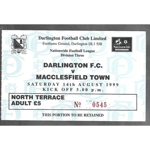Darlington v Macclesfield Town 1999/00 Division 3 Football Ticket Stub