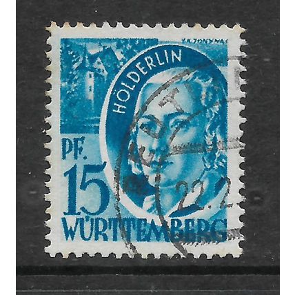 GERMAN STATES WURTTEMBERG 1948 15pf BLUE FR HOLDERLIN SG FW18 FINE USED#
