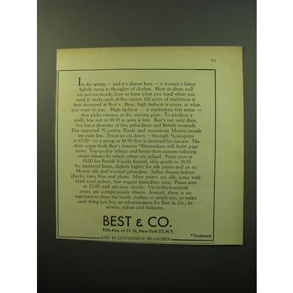 1950 Best & Co. Fashion Ad - A Woman's Fancy Turns to Thoughts of Clothes