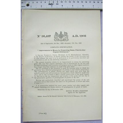 1903 Patent No. 26,437 preserving game fish organic, Eduard Markmann, Elberfeld