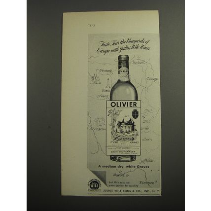 1952 Olivier Wine Ad - Taste tour the vineyards of Europe with Julius Wile Wines