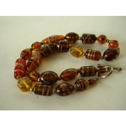 Vintage Murano Mixed Glass Gold Amber Bead Necklace with Toggle Clasp