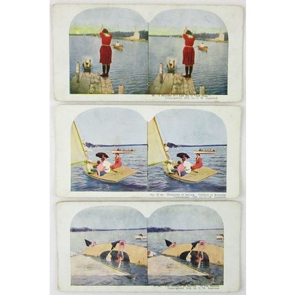Lot of 3 Antique Color Stereoview Cards, Sailing, Capsizing, Diving