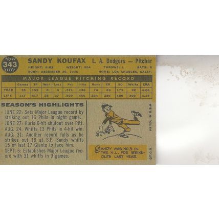 SANDY KOUFAX 1960 AUTOGRAPHED LOS ANGELES DODGERS HOF WORLD CHAMPION MVP PITCHER