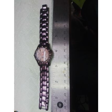 Ladies DMQ CZ Quartz Watch Rhinestones on Bezel Plum Metal Band New Battery