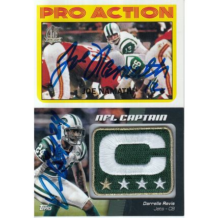 JOE NAMATH & DARRELLE REVIS COMMEMORATIVE PATCH AUTO 1996/12 NY JETS HOF CHAMPS