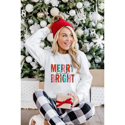 White MERRY and BRIGHT Leopard Print Pullover Sweatshirt