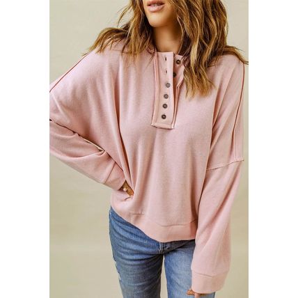 Pink Casual Button Solid Patchwork Trim Hoodie