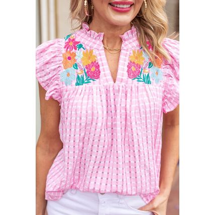 Pink Floral Embroidered Check Ruffle Flutter Sleeves Blouse