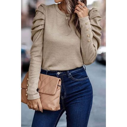 Khaki Buttoned Puff Long Sleeve Sheath Top