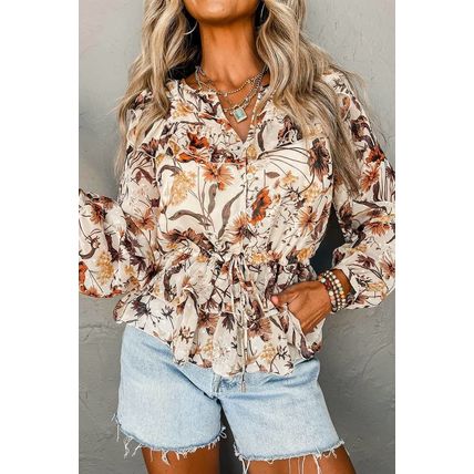 Parchment Floral Buttoned Peplum Top