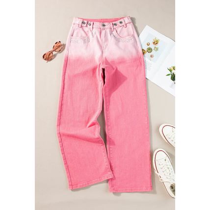 Pink Scattering Rhinestone Gradient Denim Pants