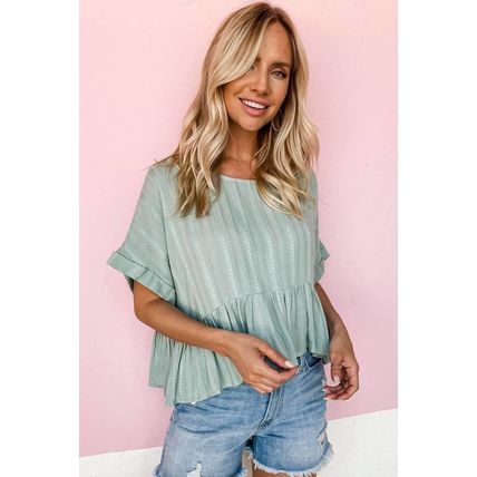Laurel Green Textured Ruffled Hem Short Sleeve Blouse