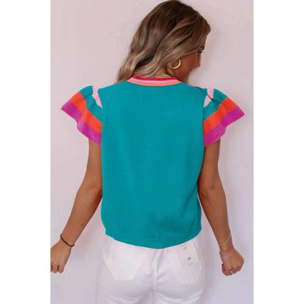 Turquoise Contrast Flutter Sleeves Knitted Sweater T Shirt
