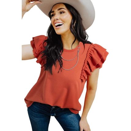Orange Tiered Ruffled Sleeve Crew Neck T Shirt
