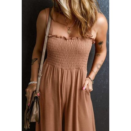 Dusty Pink Ruffled Shirred Wide Leg Sleeveless Jumpsuit