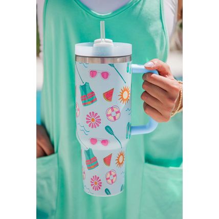 Light Blue Beach Day Fun Pattern Cup with Handle 40oz