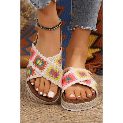 White Geometric Woven Crisscross Strap Platform Slippers