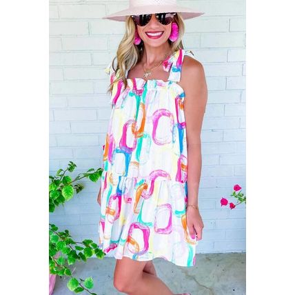 White Abstract Print Knotted Straps Ruffled Mini Dress