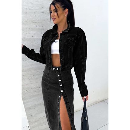 Black Button Fly Side Split High Waist Denim Midi Skirt