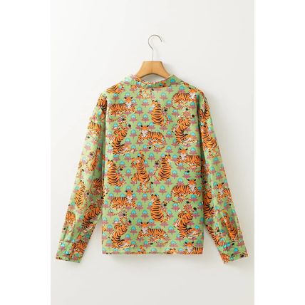 Green Tiger Floral Printed Collared V Neck Casual Shirt