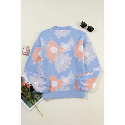 Beau Blue Floral O Neck Drop Shoulder Knitted Sweater