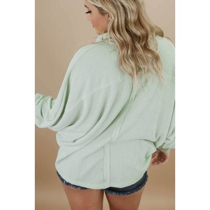 Green Plus Size Ribbed Pocketed Long Sleeve Henley Top