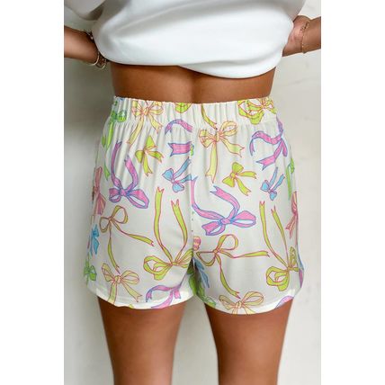 White Cheerful Bow Print Elastic Pull On Casual Shorts