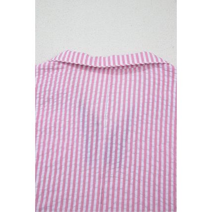 Sachet Pink Striped Print Contrast Split Neck Dolman Sleeve Blouse