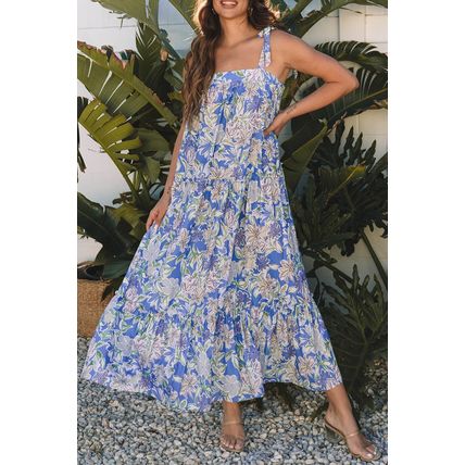 Sky Blue Floral Print Self-tie Straps Flowy Ruffle Long Dress