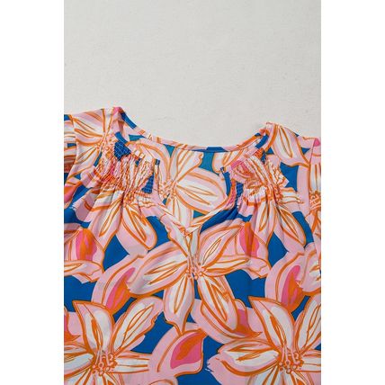 Orange Summer Flower Print Notched Neck Ruffle Sleeve Blouse