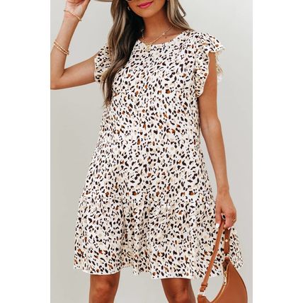 Khaki Leopard Ruffled Flutter Sleeve Keyhole Back Mini Dress