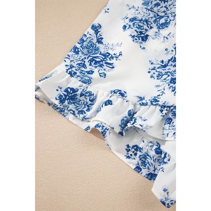 Sky Blue Floral Print Strapless Zipped Back Knot Waist Ruffled Romper