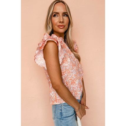 Orange Floral Ruffle Sleeve Split Neck Blouse