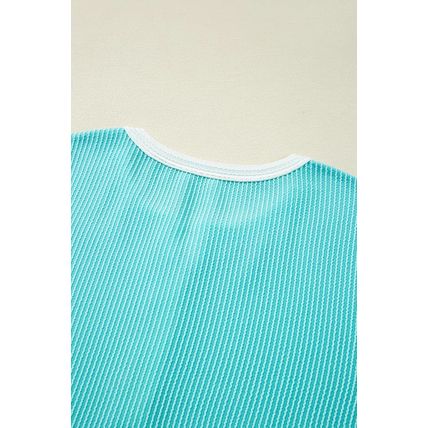 Turquoise Corded Colorblock Buttons Henley T Shirt