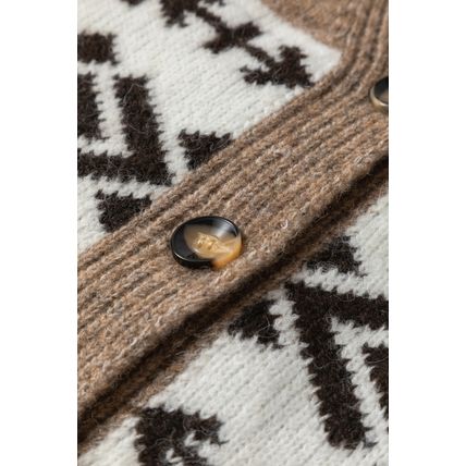 Dark Khaki Ethnic Geometric Pattern Button Front V Neck Sweater Cardigan