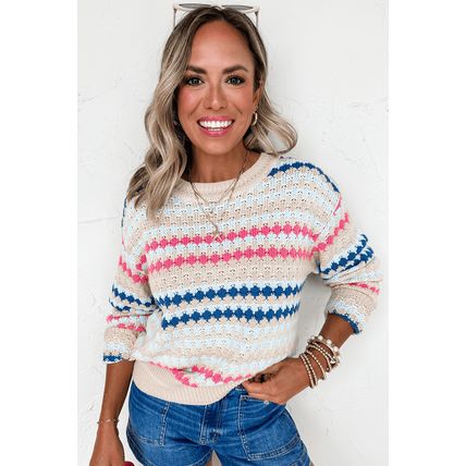 Khaki Stripe Eyelet Patterned Drop Shoulder Sweater
