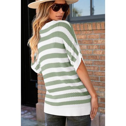 Green Stripe V Neck Short Sleeve Sweater with Side Slits