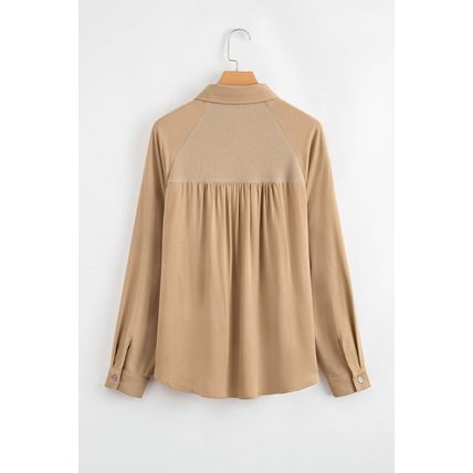 Light French Beige Waffle Patchwork Button Up Frayed Hem Shirt