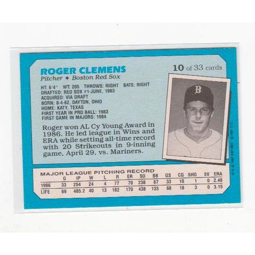 1987 Kay Bee Roger Clemens card #10- Mint- Red Sox- Kaybee, Kay-Bee