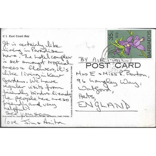 East Coast Bay, Barbados - postcard, stamp, 1978