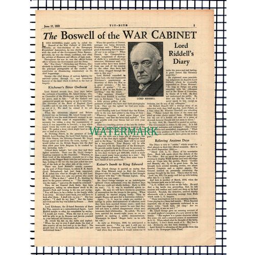 X1500) Lord Riddell - 1933 Article